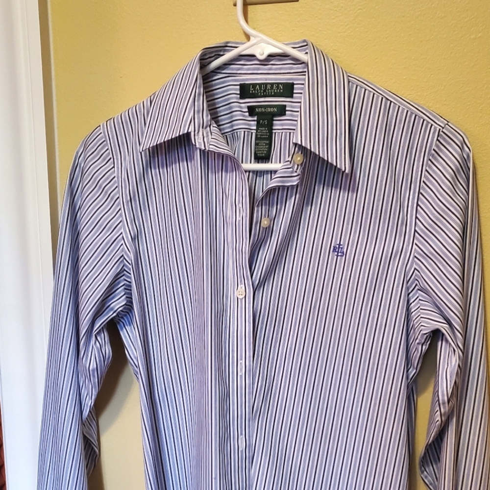 Lauren Ralph Lauren White Blue Non-Iron Long Sleeve Button-Down with Collar